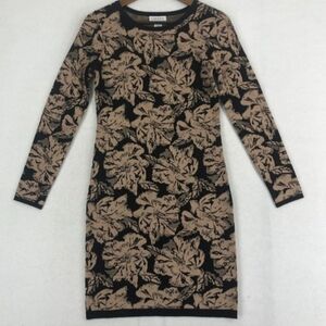 Carmen Marc Valvo Black and Tan Leaf Pattern Sweater Dress